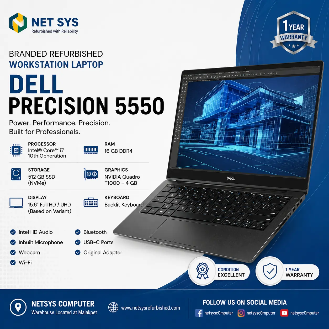Dell Precision 5550 Refurbished Workstation Laptop | Intel Core i7 10th Gen | 16GB RAM | 512GB NVMe SSD | NVIDIA Quadro T1000 4GB